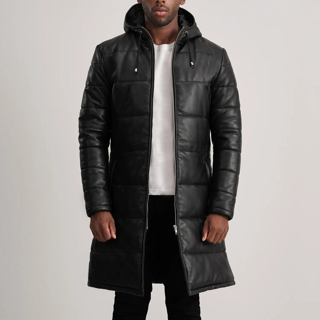 Floyd Hooded Leather Puffer Coat in Black