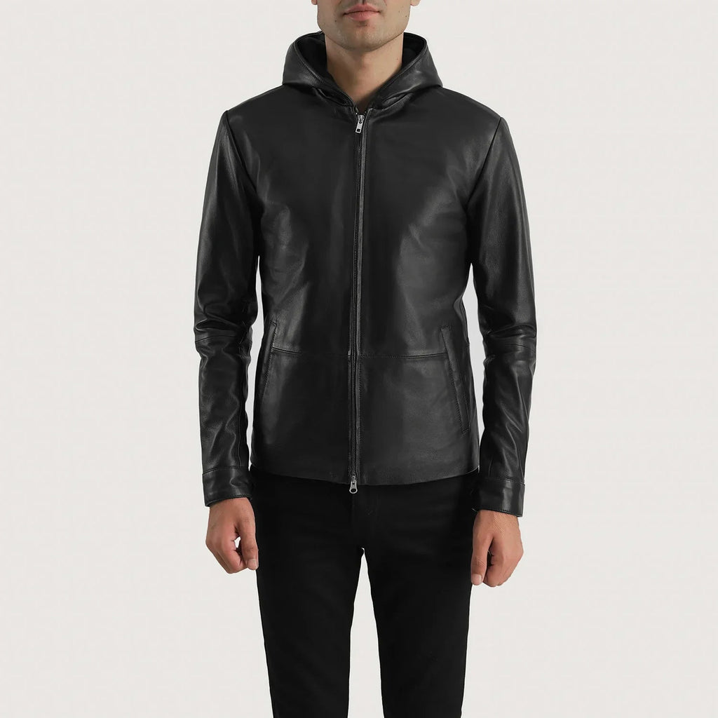 Andy Matte Black Hooded Sheepskin Leather Jacket