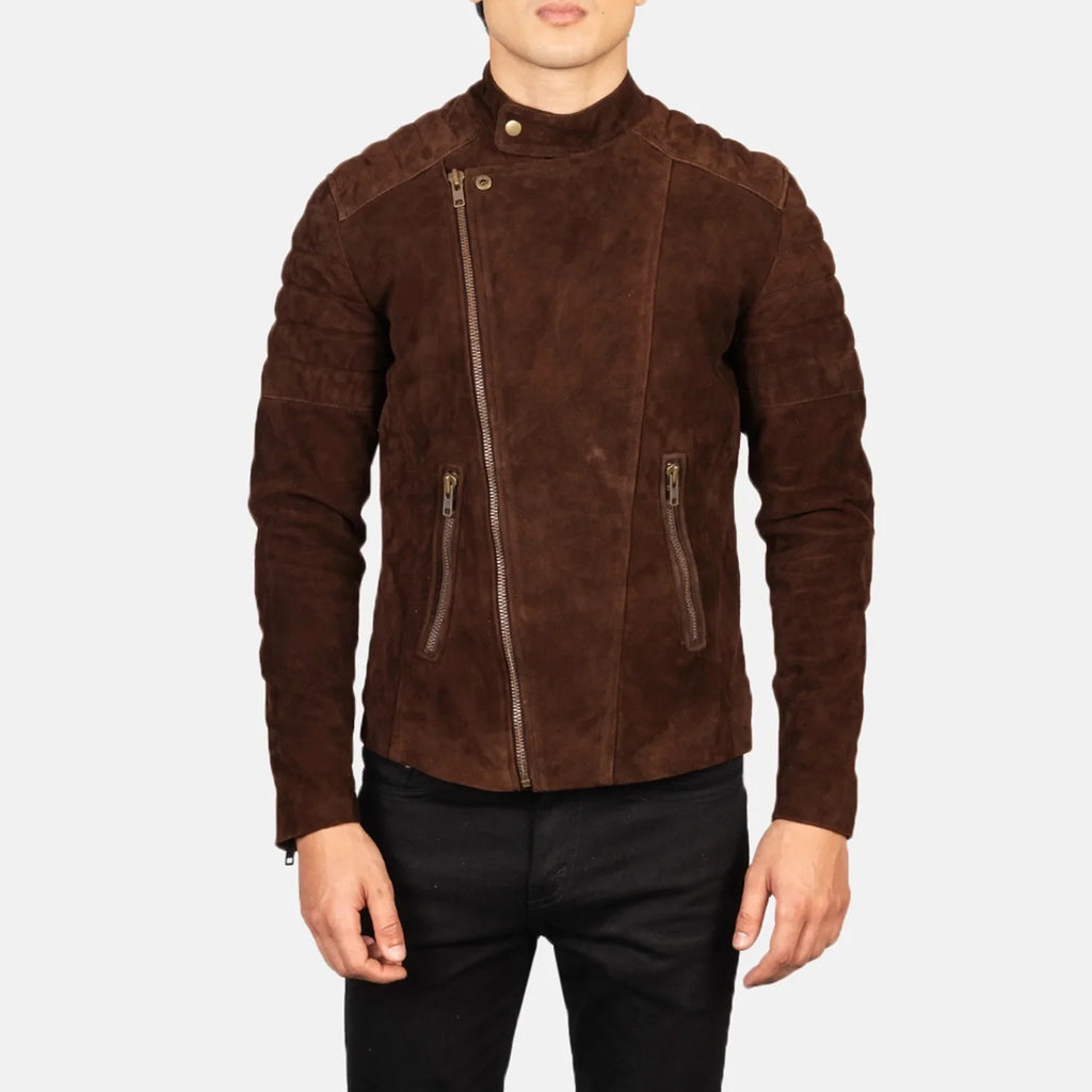 Faisor Biker Jacket in Mocha Brown Goatskin Suede