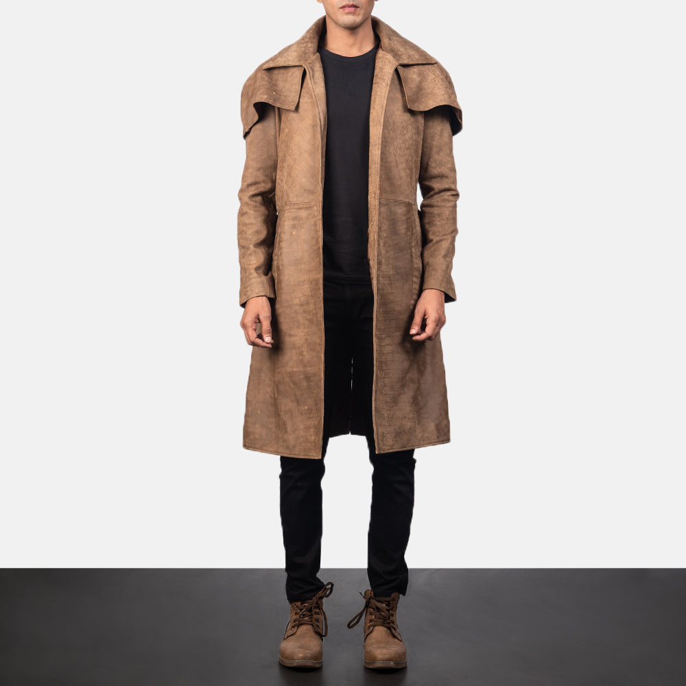 Army Distressed Brown Leather Duster Coat