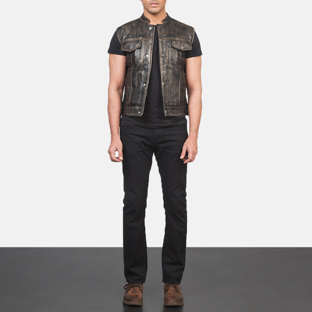 Atlas Distressed Brown Leather Biker Vest
