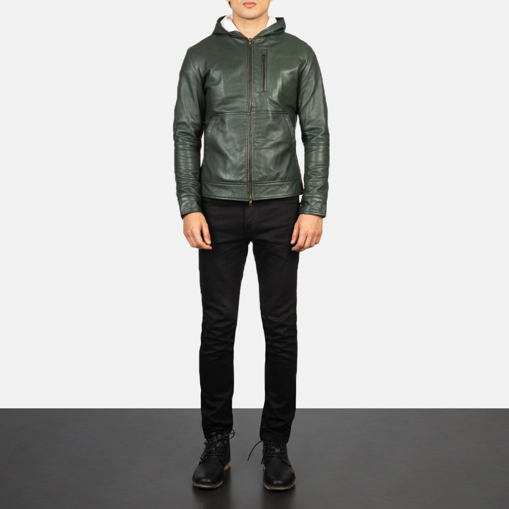 Baston Green Hooded Sheepskin Leather Bomber Jacket