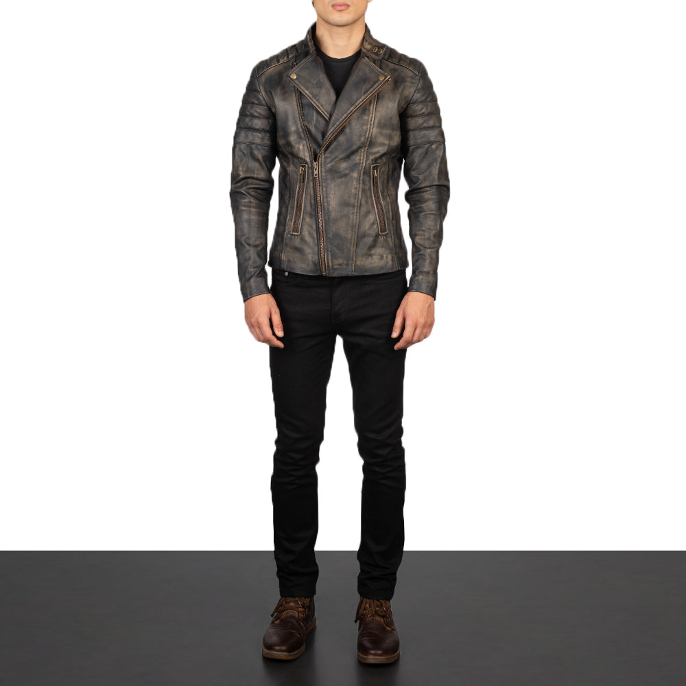 Faisor Leather Biker Jacket in Distressed Brown Goatskin