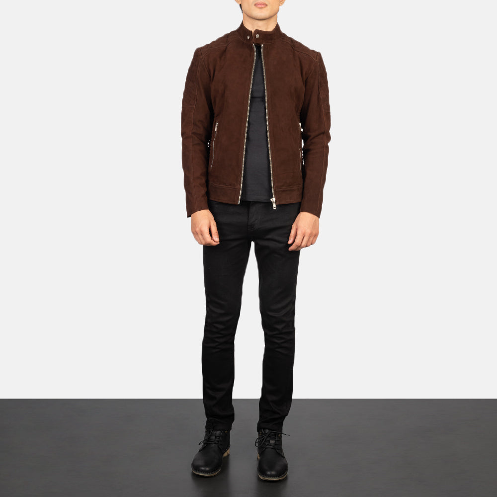 Fernando Quilted Biker Jacket in Brown Goatskin Suede