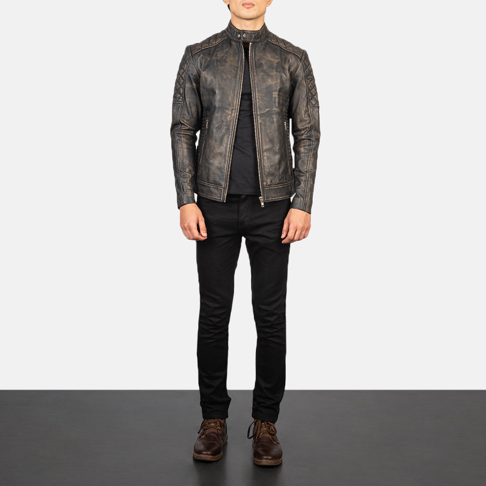 Fernando Quilted Leather Biker Jacket in Distressed Brown Goatskin