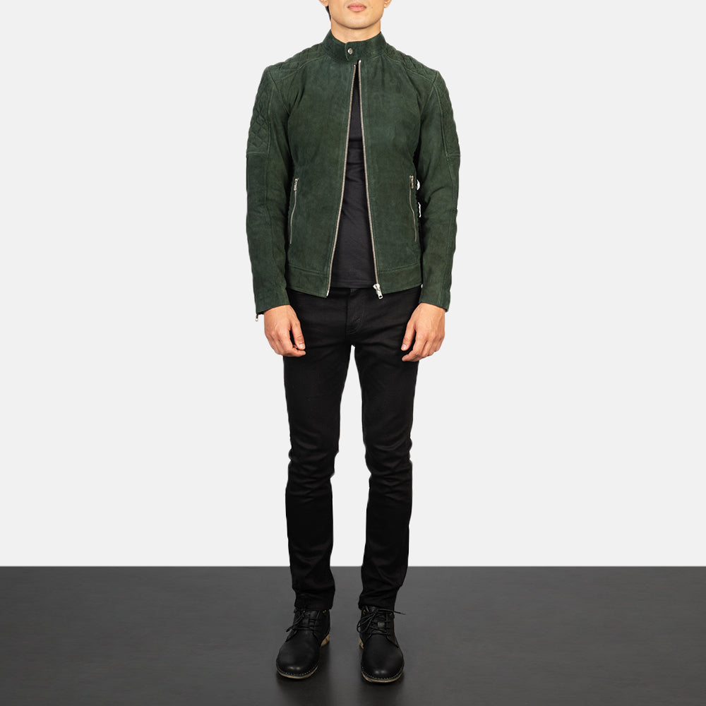 Fernando Quilted Biker Jacket in Green Goatskin Suede