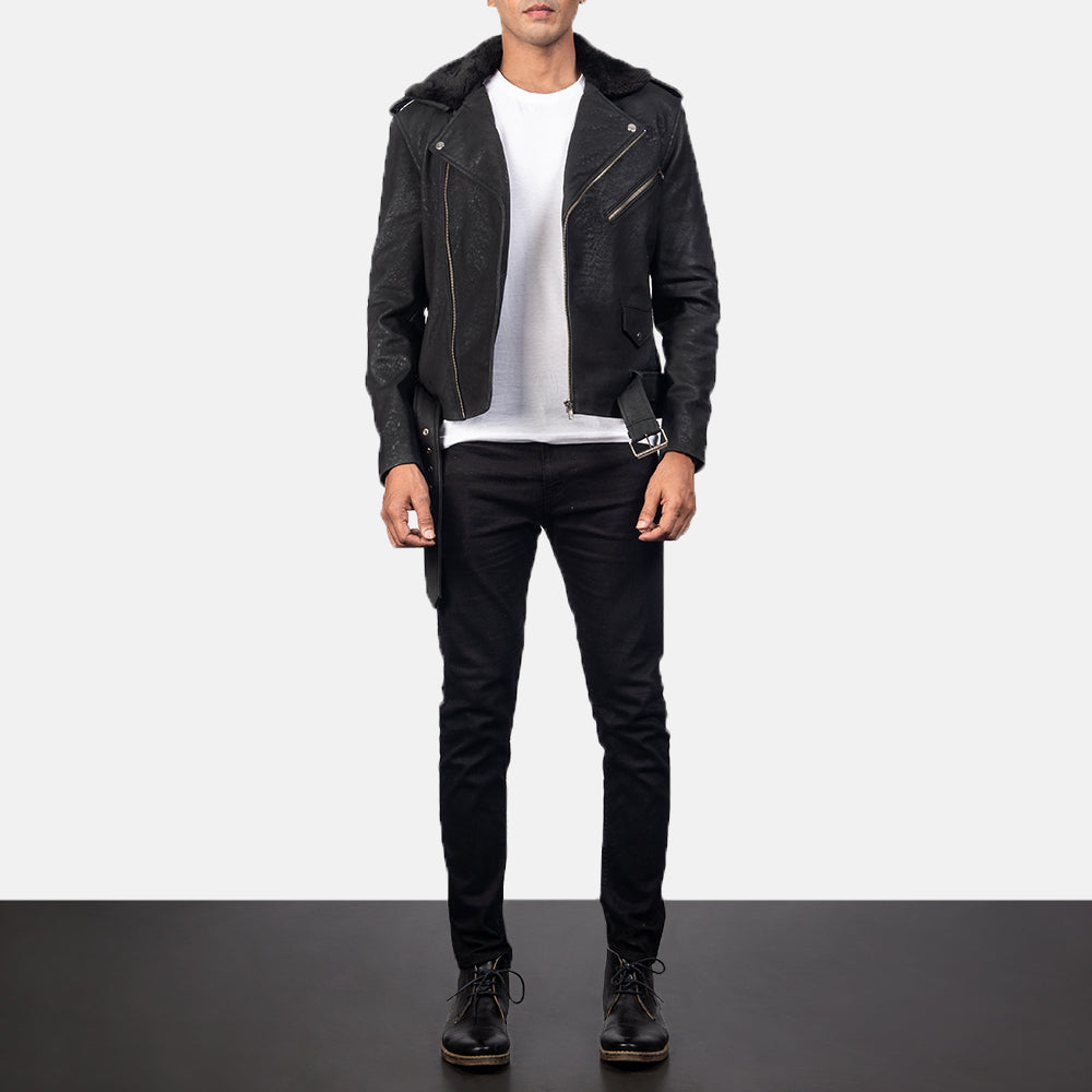 Furton Distressed Black Leather Biker Jacket