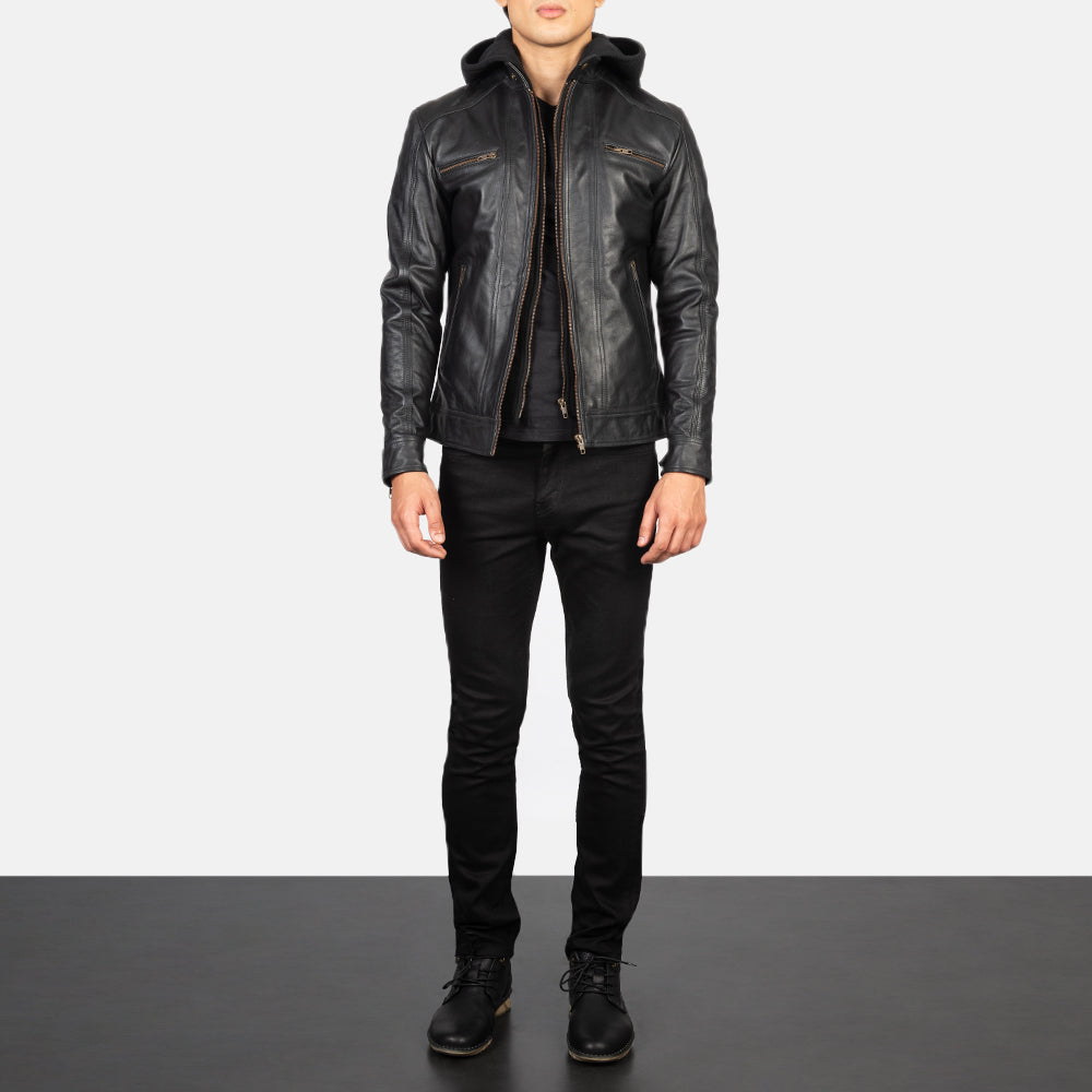 Hector Black Hooded Cowhide Moto Leather Jacket