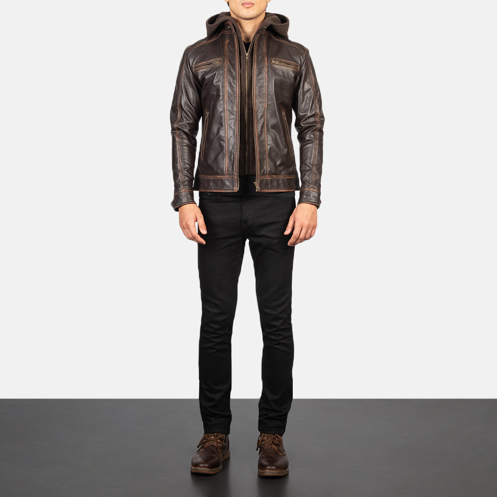 Hector Vintage Brown Hooded Goatskin Moto Leather Jacket