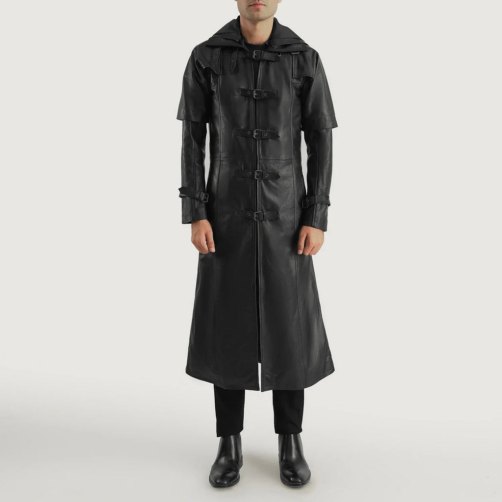 Huntsman Black Hooded Cowhide Trench Coat