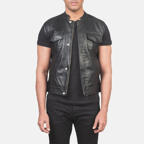 Atlas Black Sheepskin Leather Biker Vest