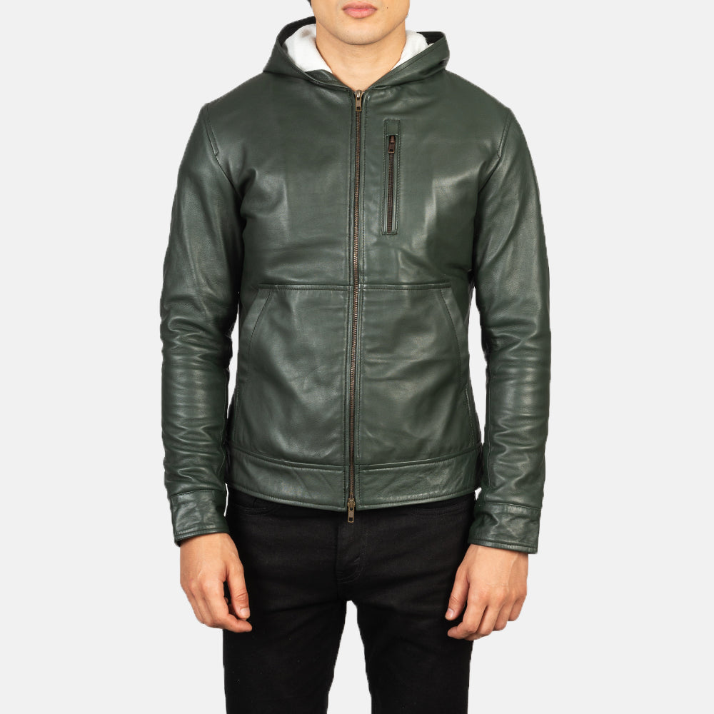 Baston Green Hooded Sheepskin Leather Bomber Jacket