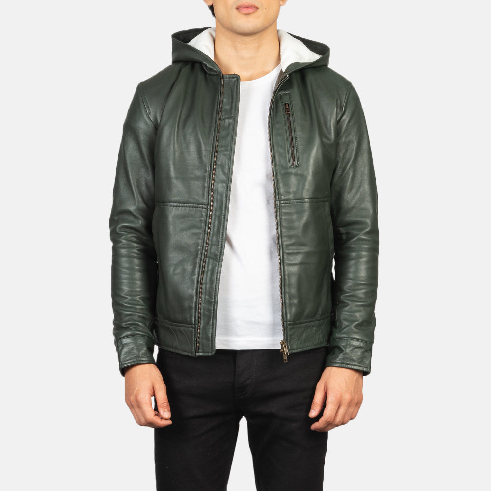 Baston Green Hooded Sheepskin Leather Bomber Jacket