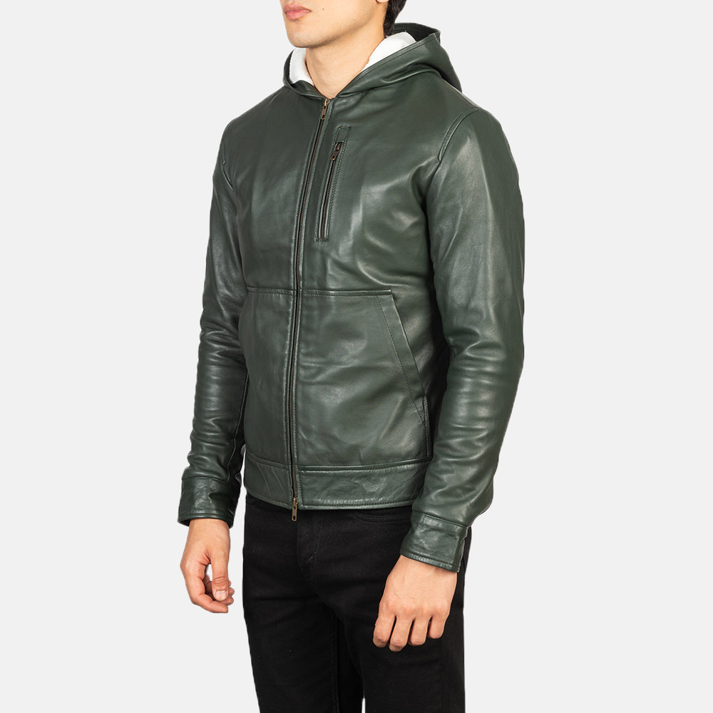 Baston Green Hooded Sheepskin Leather Bomber Jacket