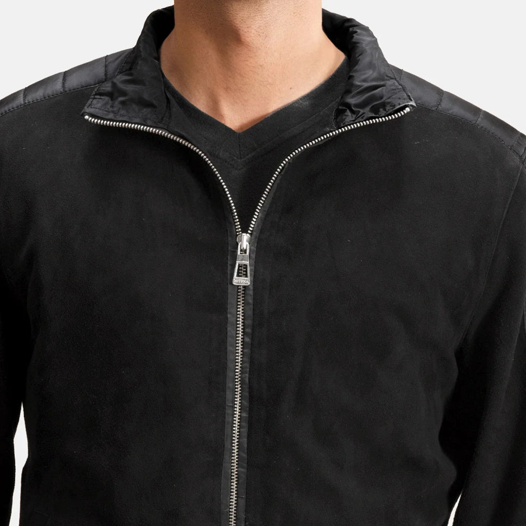 Ethan Hybrid Bomber Jacket in Black Goatskin Suede