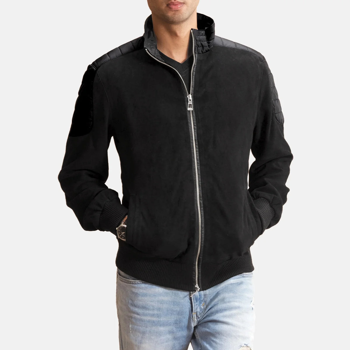Ethan Hybrid Bomber Jacket in Black Goatskin Suede