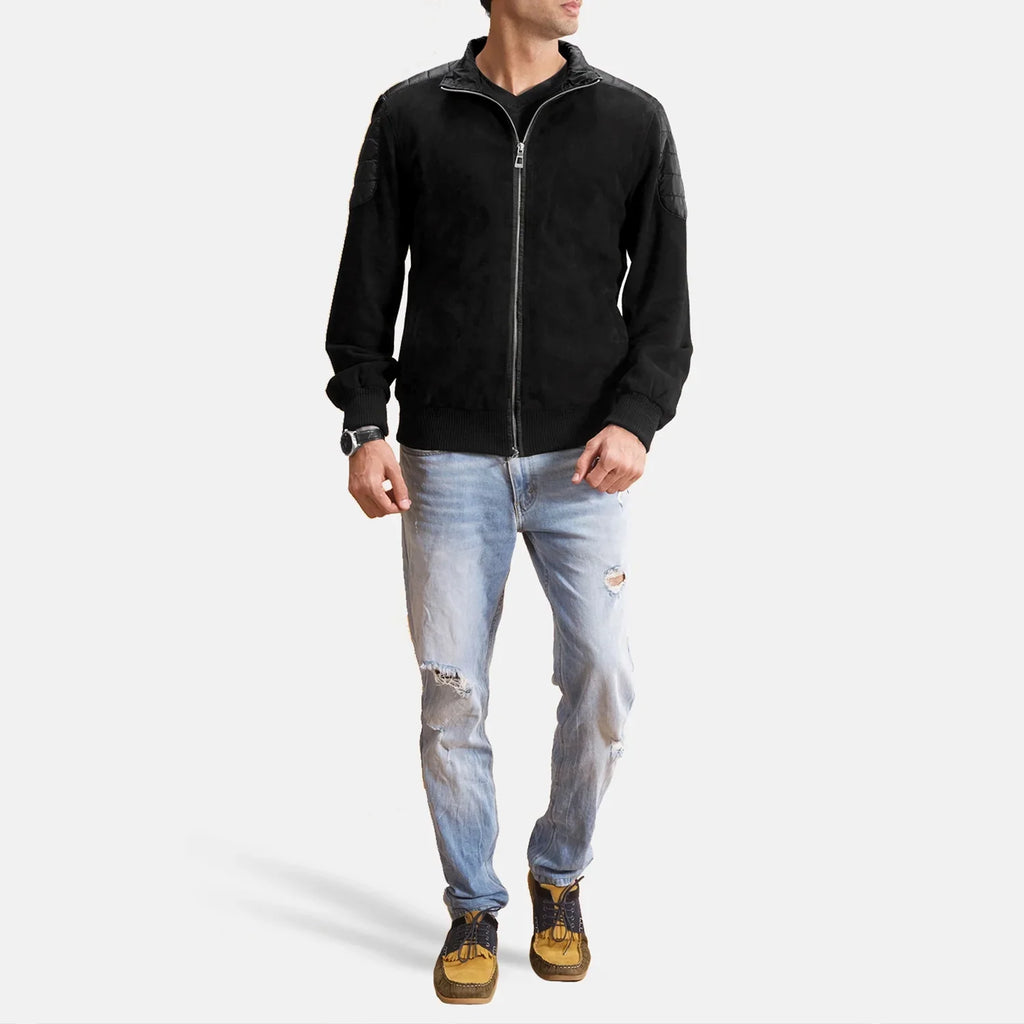 Ethan Hybrid Bomber Jacket in Black Goatskin Suede