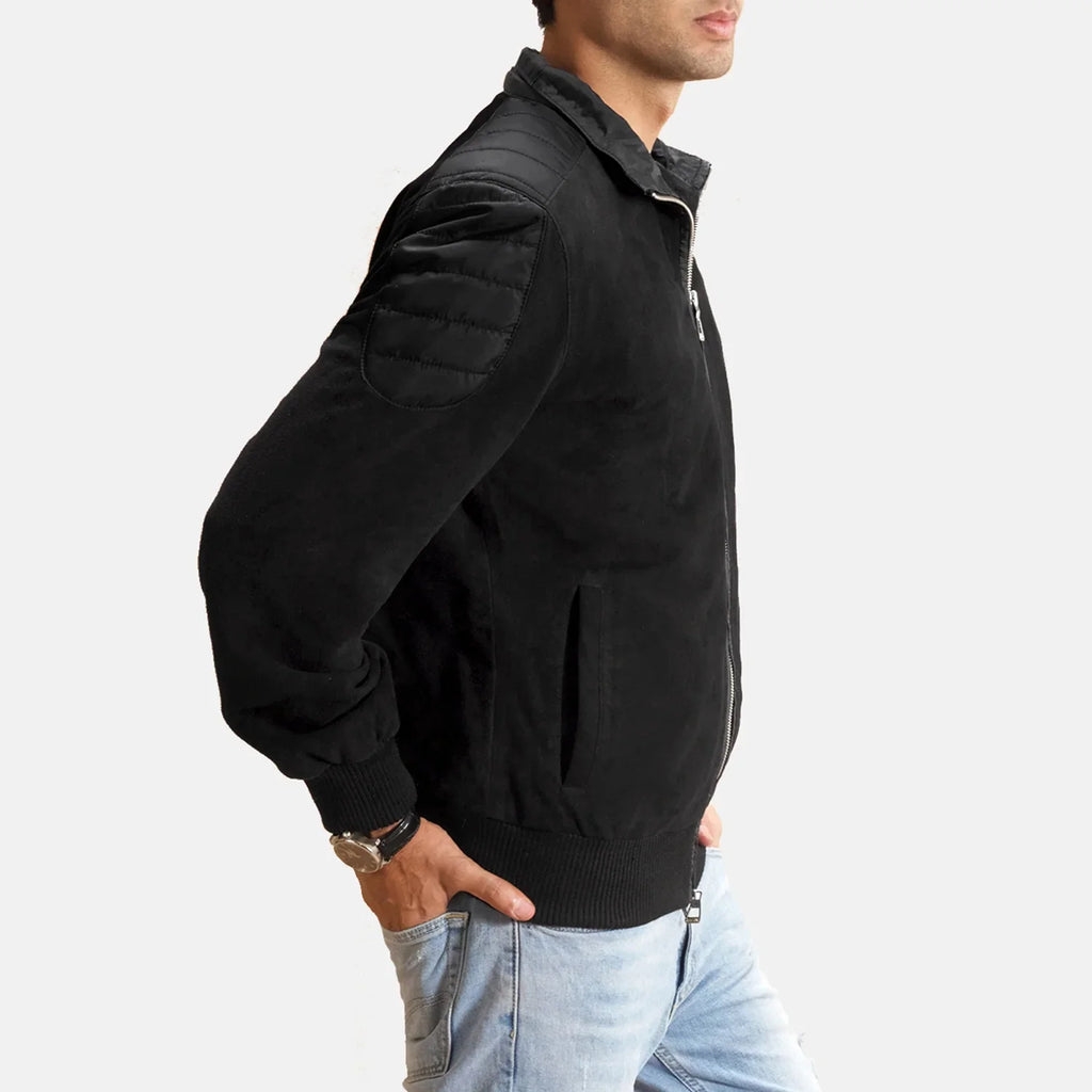 Ethan Hybrid Bomber Jacket in Black Goatskin Suede