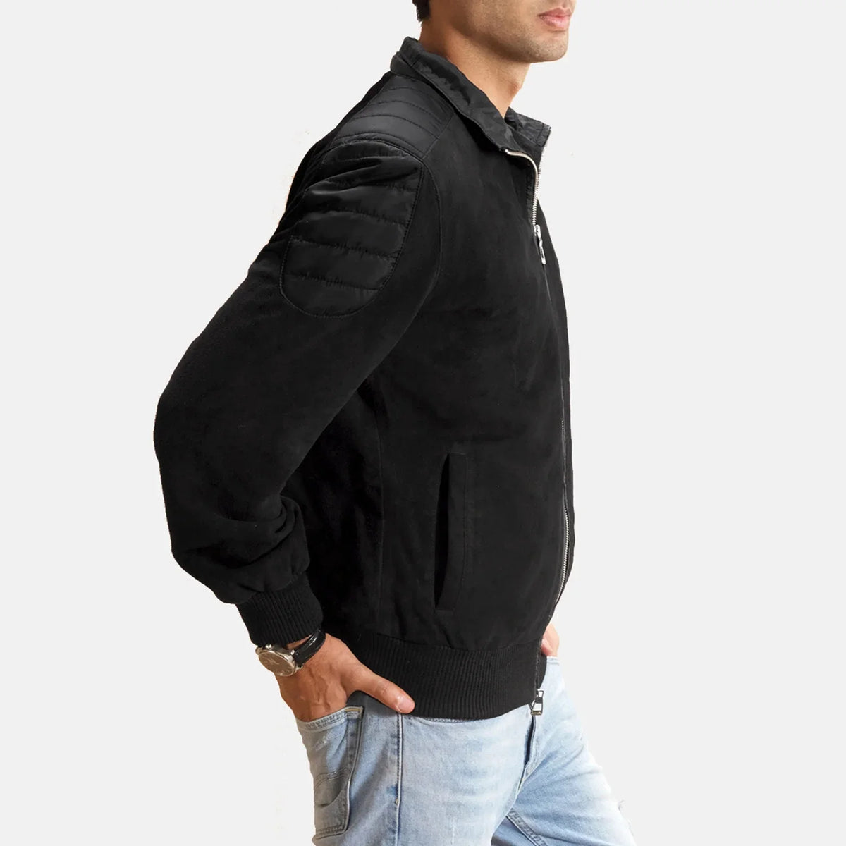 Ethan Hybrid Bomber Jacket in Black Goatskin Suede