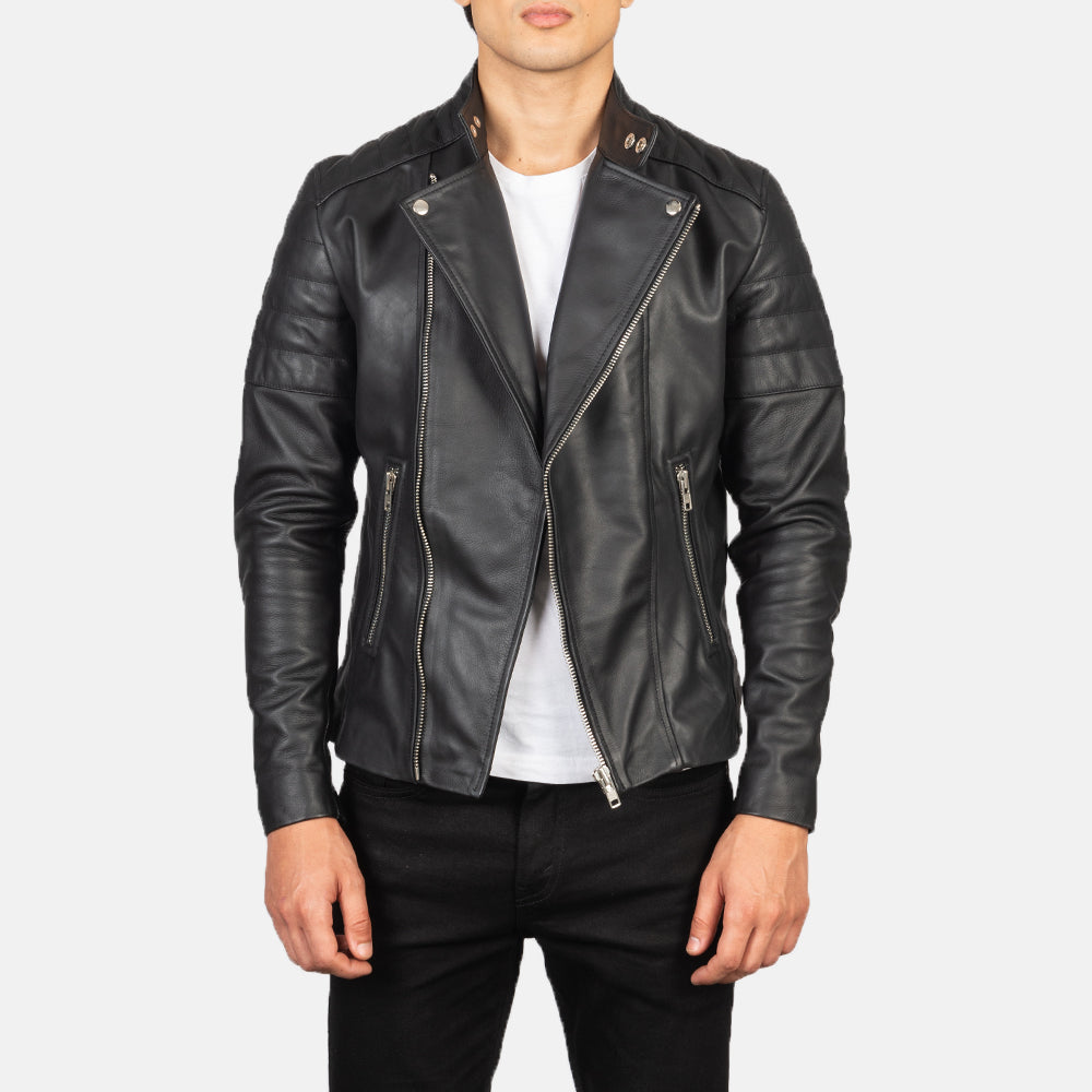 Faisor Leather Biker Jacket in Black Cowhide