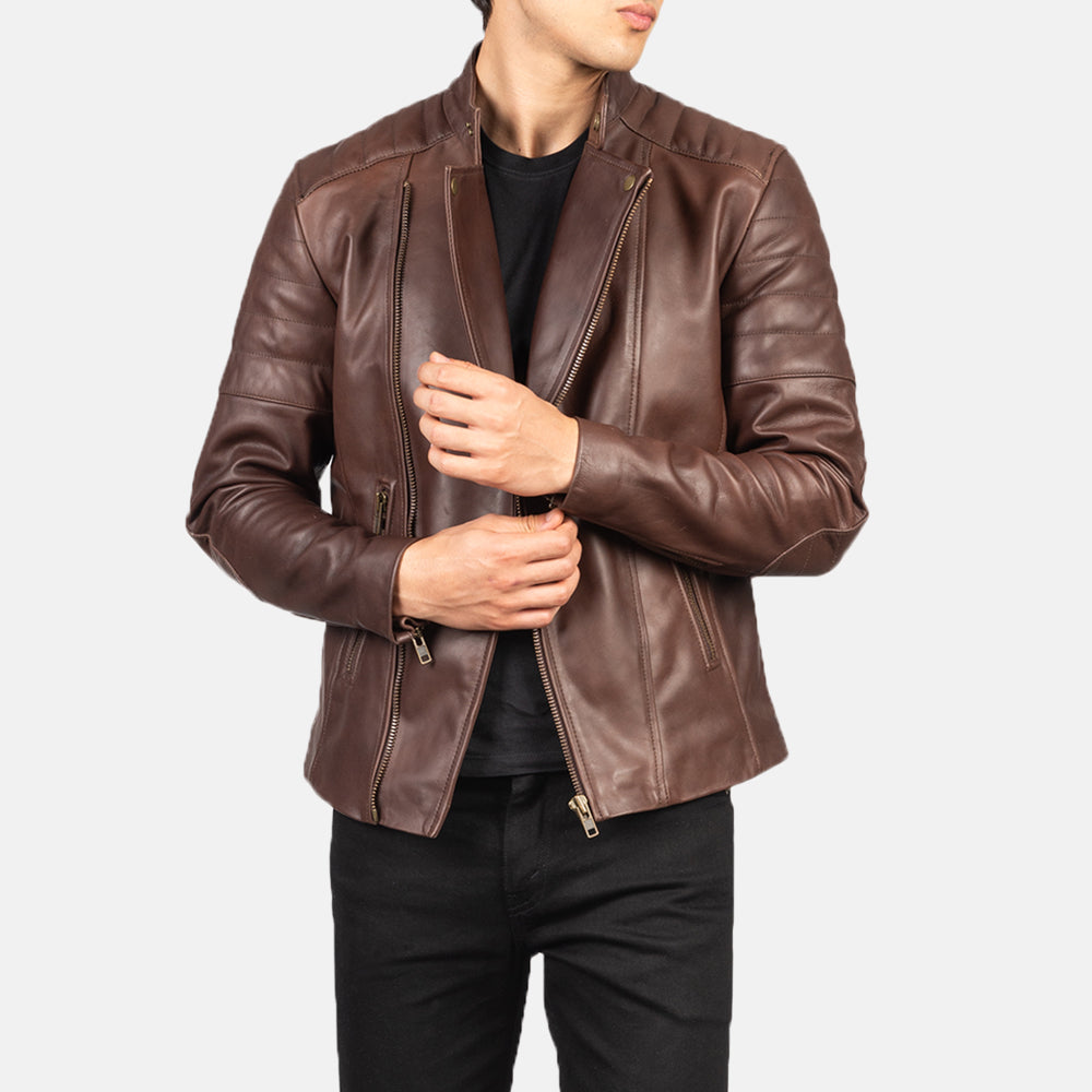 Faisor Leather Biker Jacket in Brown Cowhide