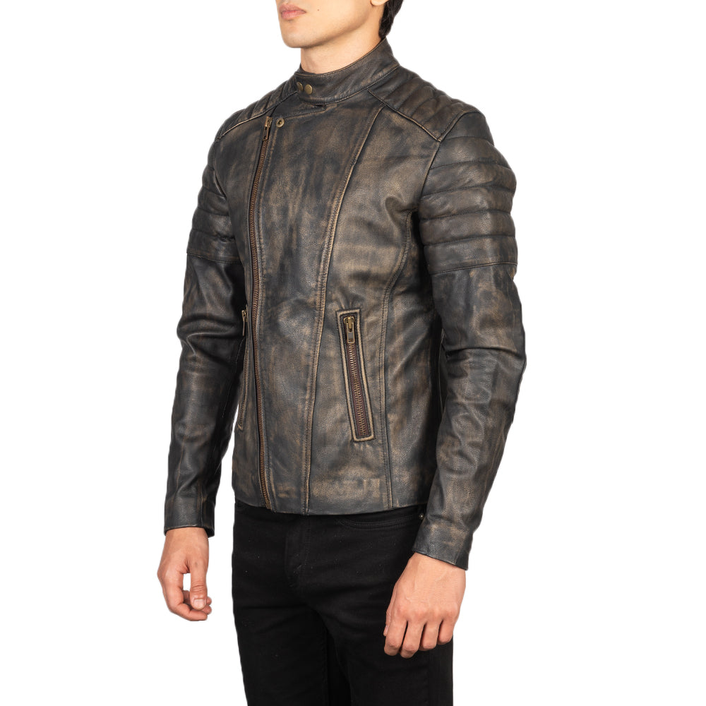 Faisor Leather Biker Jacket in Distressed Brown Goatskin