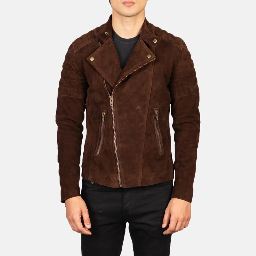 Faisor Biker Jacket in Mocha Brown Goatskin Suede