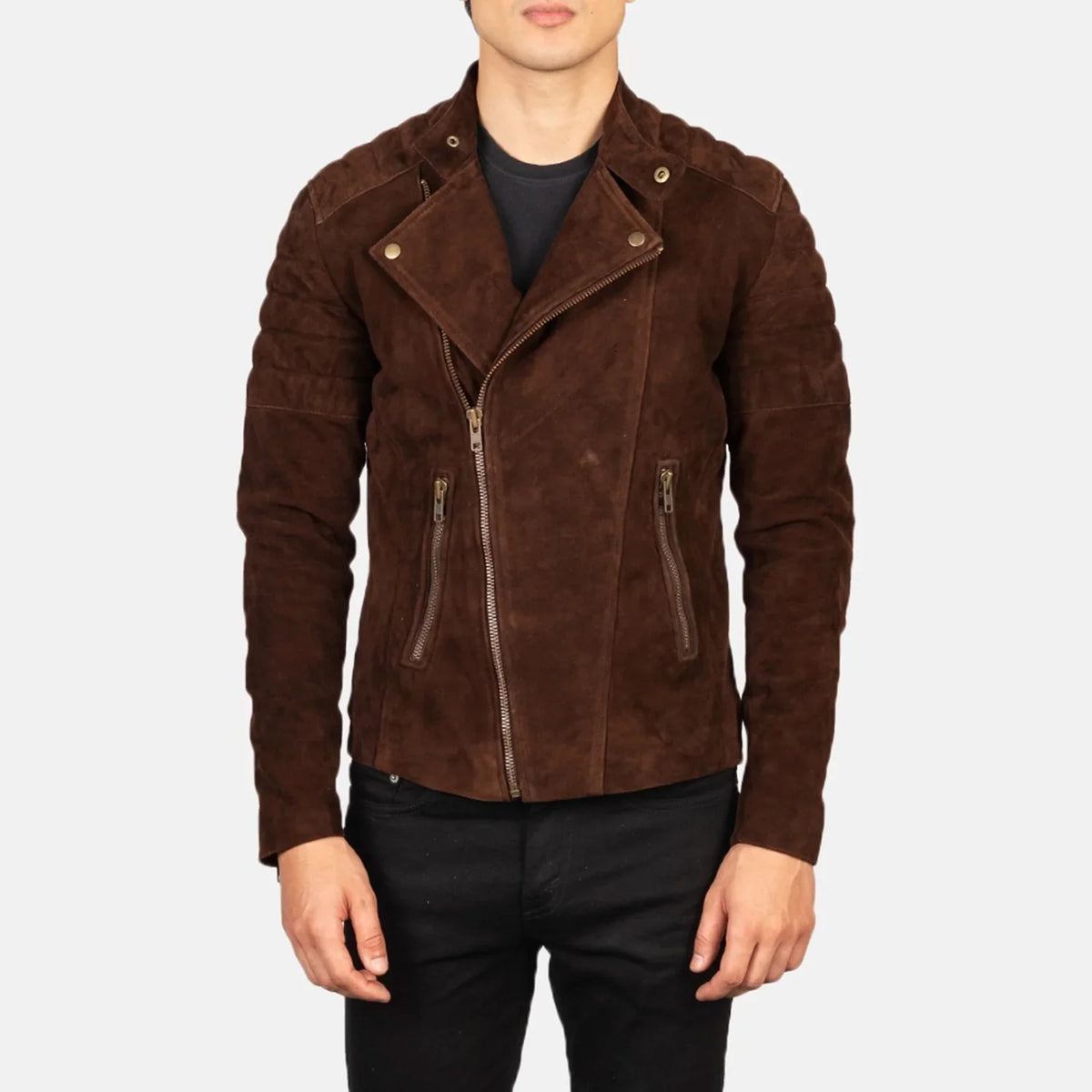 Faisor Biker Jacket in Mocha Brown Goatskin Suede