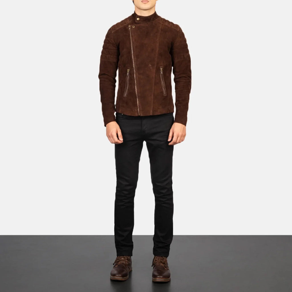 Faisor Biker Jacket in Mocha Brown Goatskin Suede