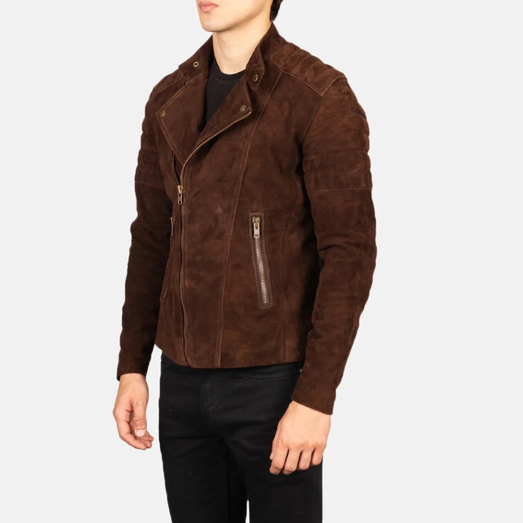 Faisor Biker Jacket in Mocha Brown Goatskin Suede