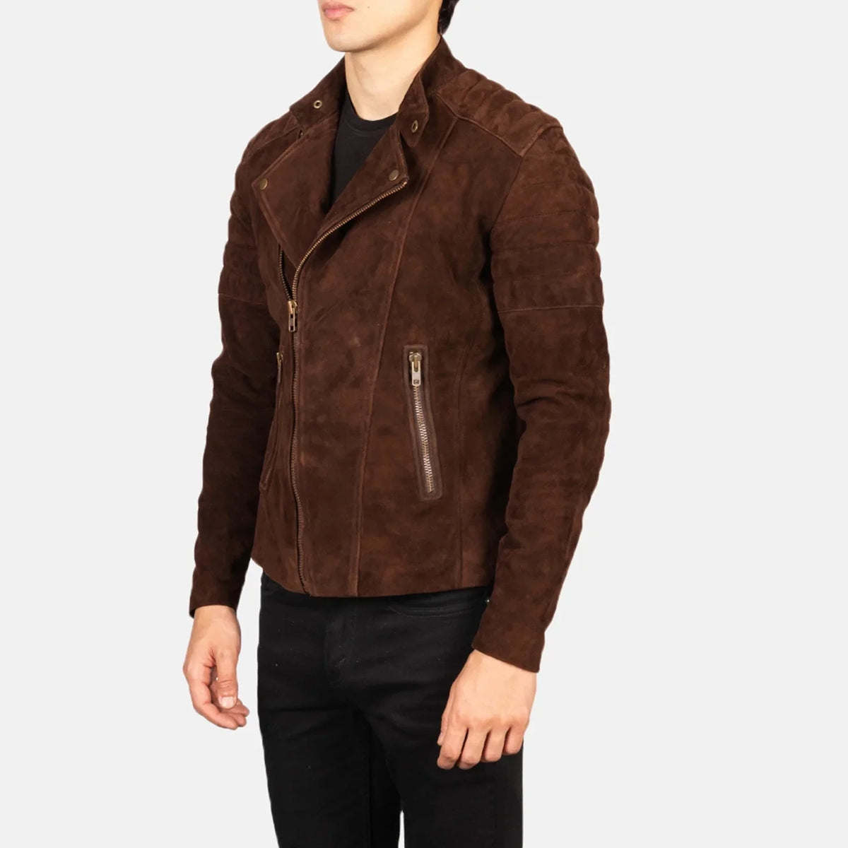Faisor Biker Jacket in Mocha Brown Goatskin Suede
