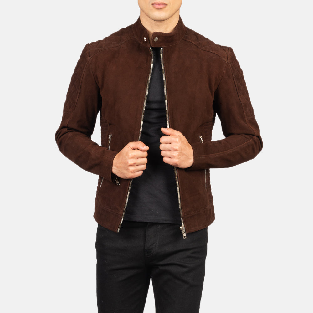 Fernando Quilted Biker Jacket in Brown Goatskin Suede