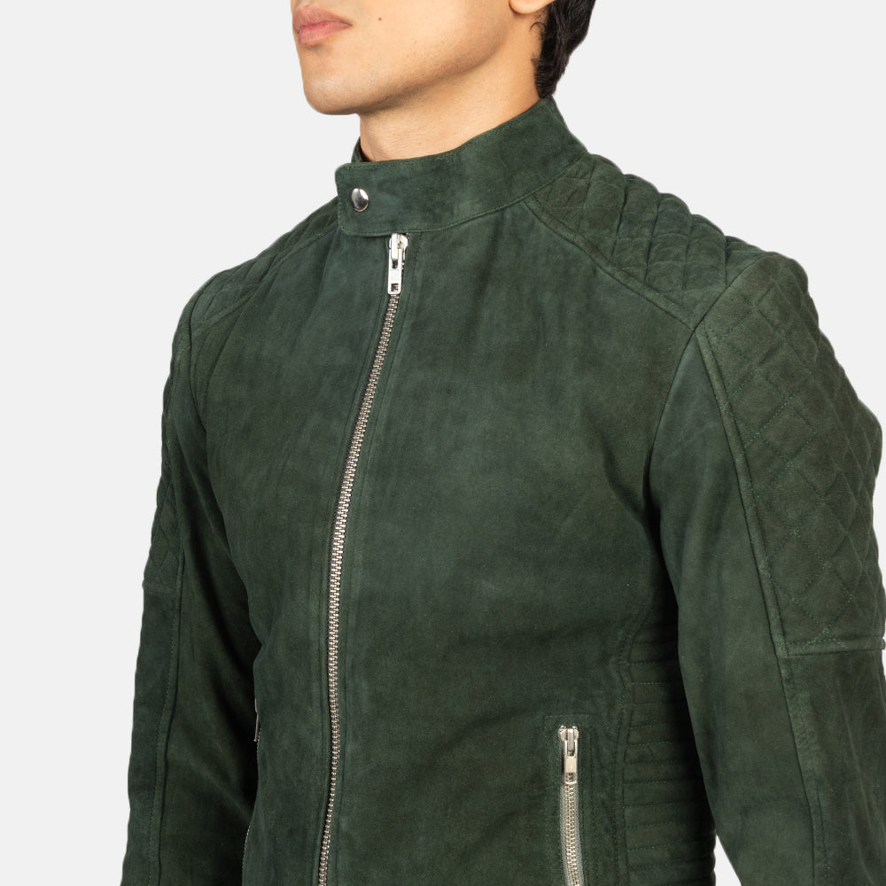 Fernando Quilted Biker Jacket in Green Goatskin Suede