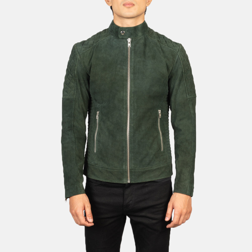 Fernando Quilted Biker Jacket in Green Goatskin Suede