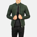 Fernando Quilted Biker Jacket in Green Goatskin Suede