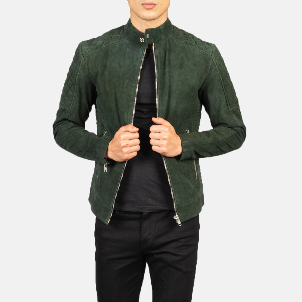 Fernando Quilted Biker Jacket in Green Goatskin Suede