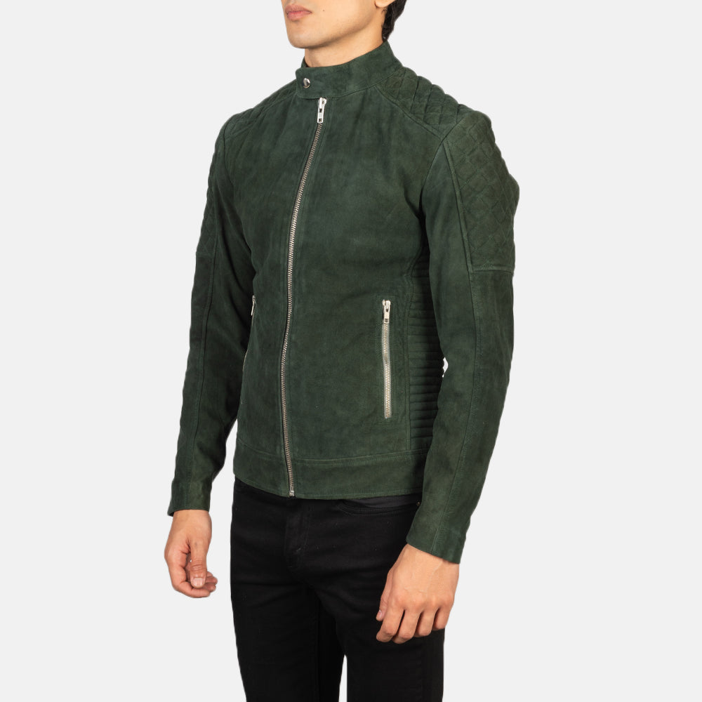 Fernando Quilted Biker Jacket in Green Goatskin Suede
