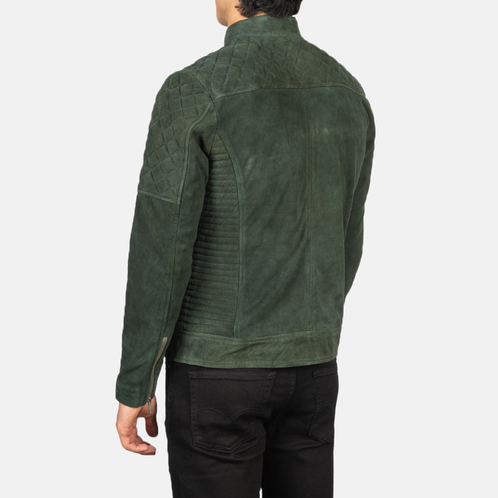 Fernando Quilted Biker Jacket in Green Goatskin Suede