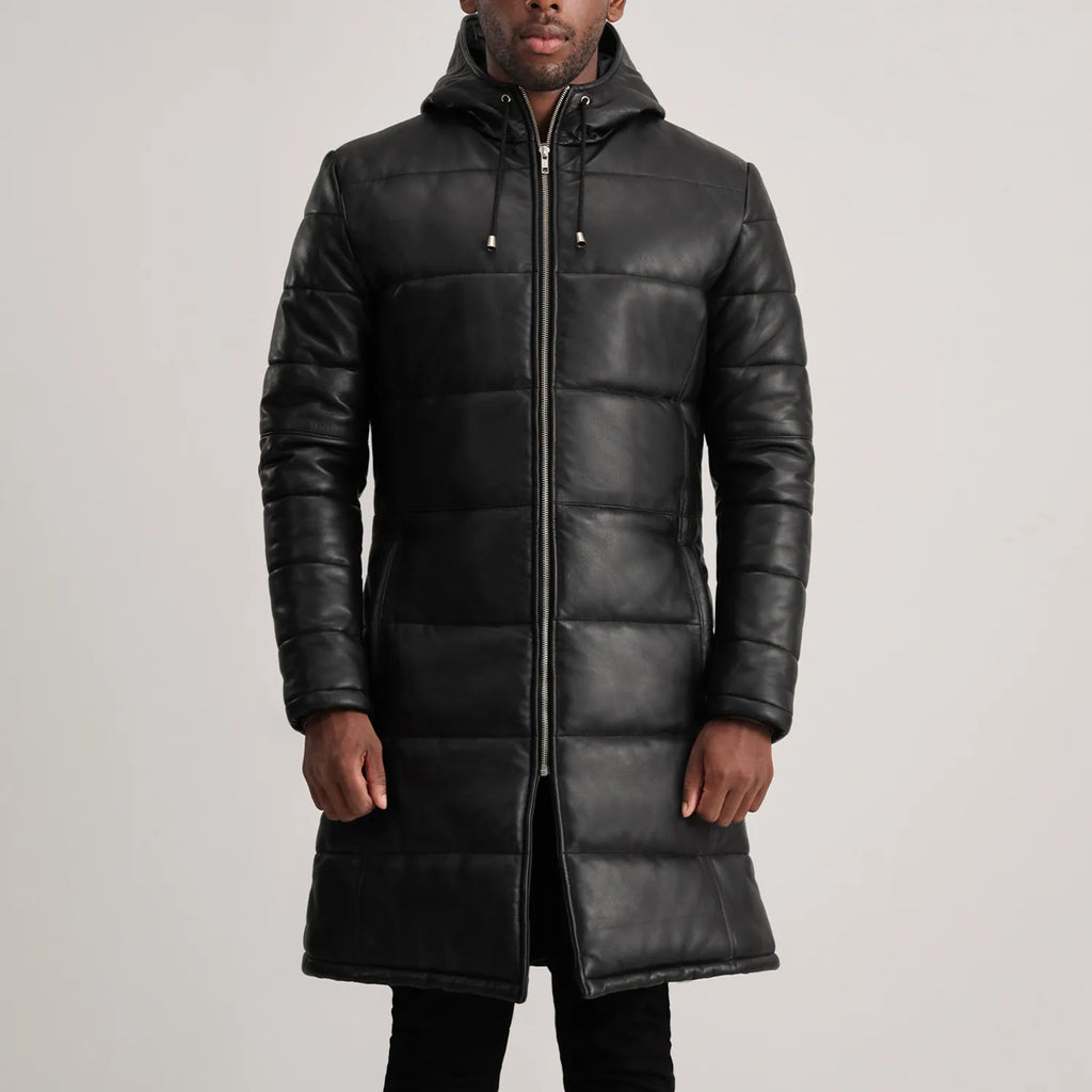 Floyd Hooded Leather Puffer Coat in Black