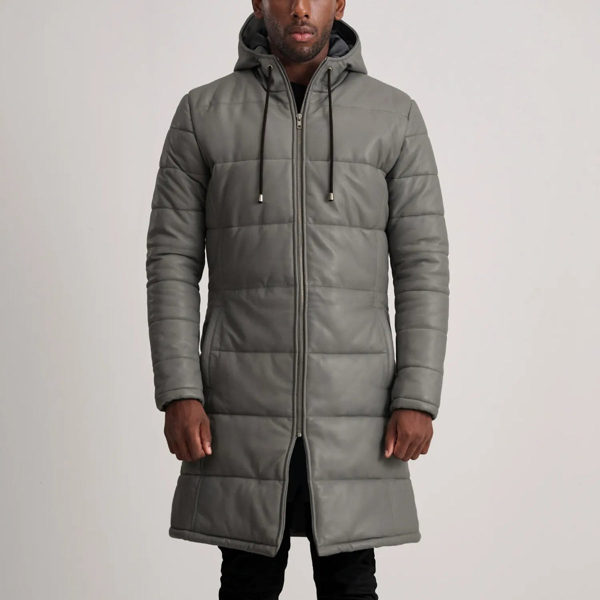 Floyd Grey Leather Hooded Puffer Coat