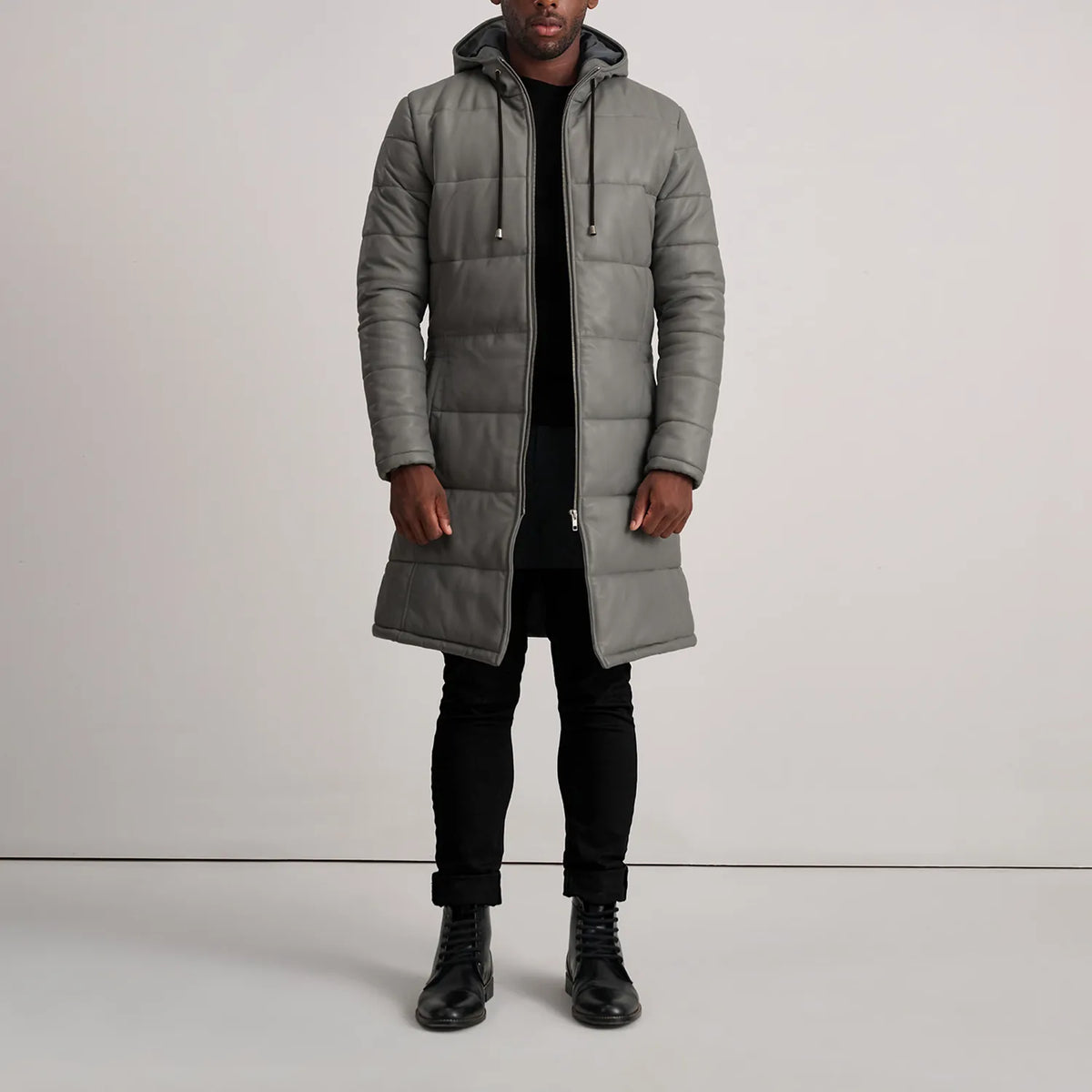 Floyd Grey Leather Hooded Puffer Coat