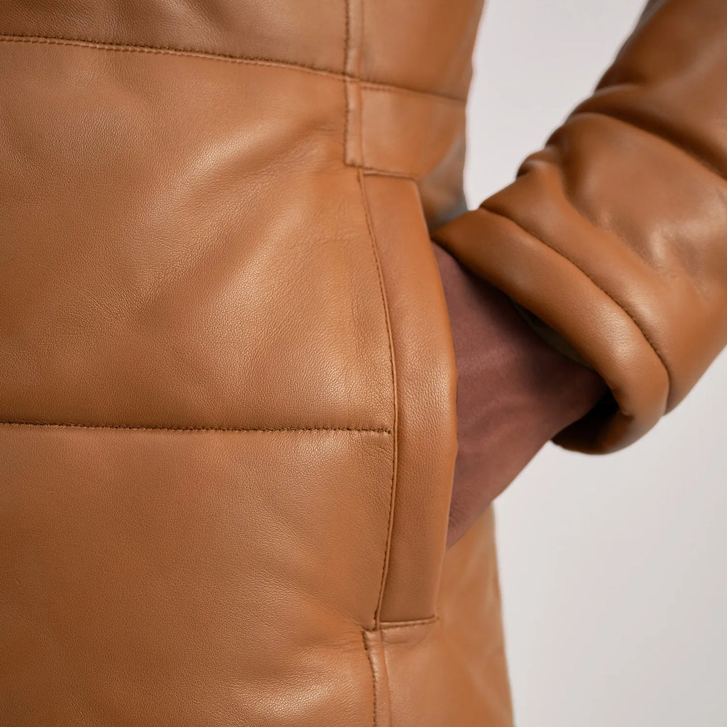 Floyd Tan Brown Leather Hooded Puffer Coat