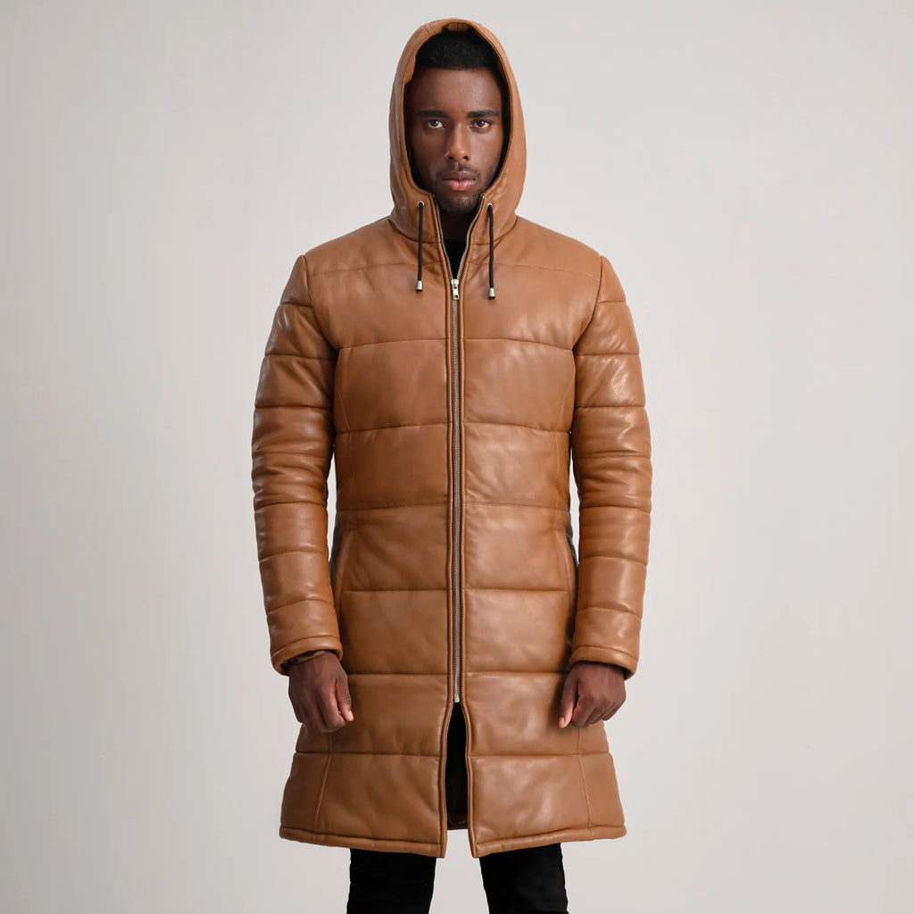 Floyd Tan Brown Leather Hooded Puffer Coat