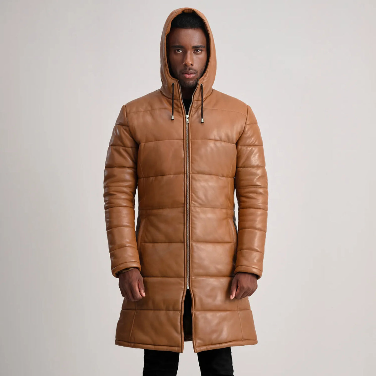 Floyd Tan Brown Leather Hooded Puffer Coat