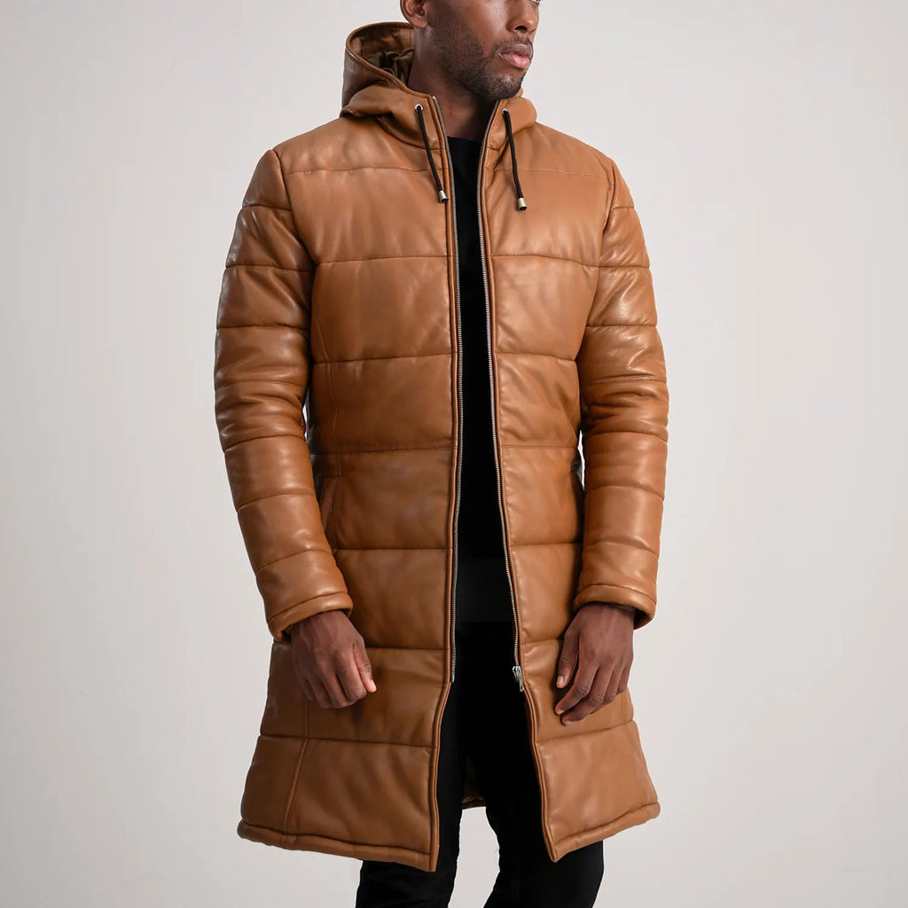 Floyd Tan Brown Leather Hooded Puffer Coat
