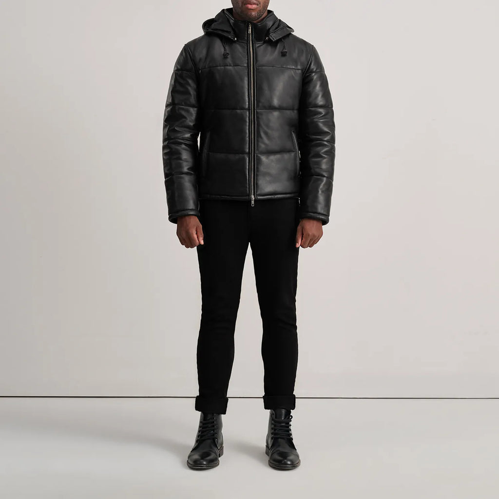Gordon Black Hooded Sheepskin Leather Puffer Jacket