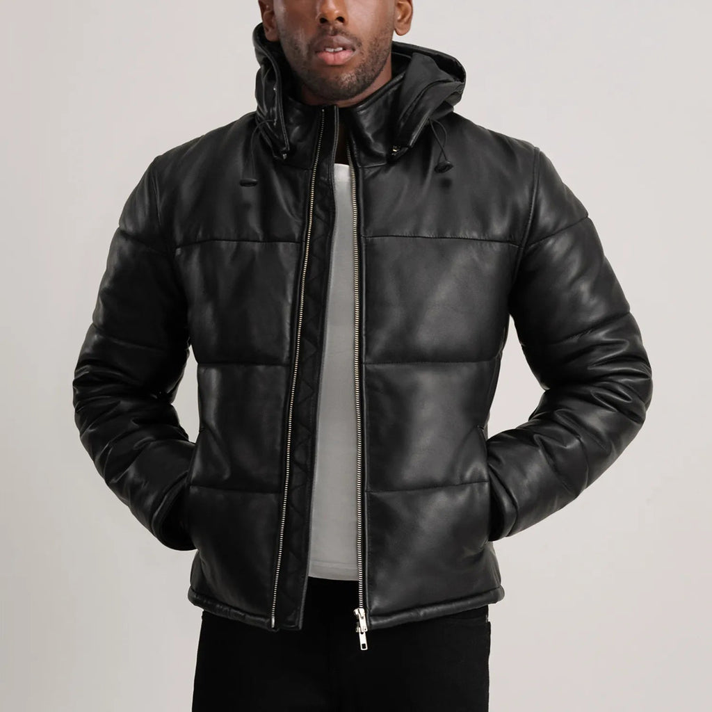 Gordon Black Hooded Sheepskin Leather Puffer Jacket