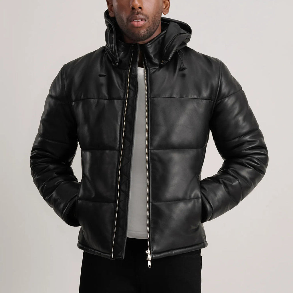 Gordon Black Hooded Sheepskin Leather Puffer Jacket
