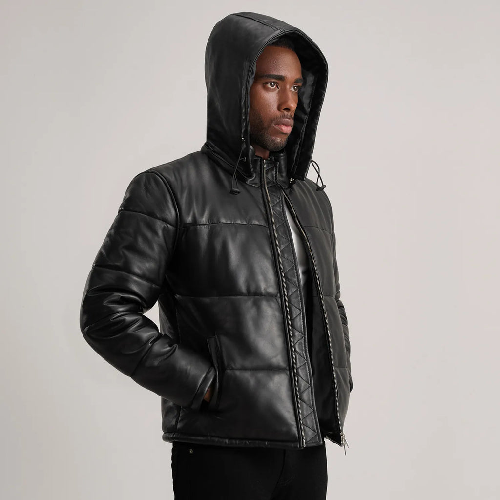 Gordon Black Hooded Sheepskin Leather Puffer Jacket