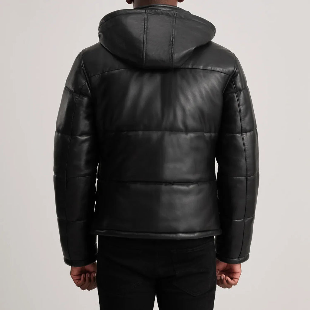 Gordon Black Hooded Sheepskin Leather Puffer Jacket